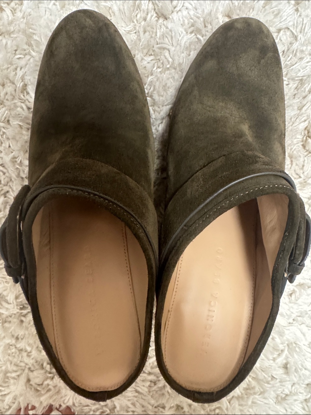 Veronica Beard Olive Suede Buckle Mules